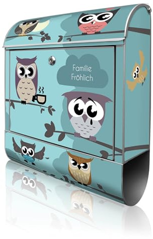 banjado Design Briefkasten personalisiert 38,5x46,5x13cm & 2 Schlüssel - Briefkasten Stahl Silber Zeitungsfach pulverbeschichtet - Postkasten A4 Einwurf inkl. Montagematerial - Motiv Acht Eulen