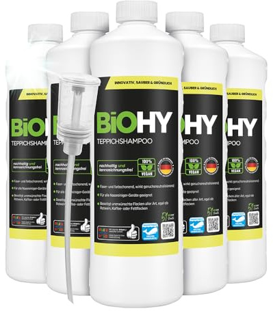 BiOHY Teppichshampoo (6 x 1 Liter) + Dosierer | Teppichreiniger Konzentrat | ideal gegen hartnäckige Flecken | materialschonend & tierfreundlich | effektives Bio Mittel | kraftvoller Teppich Schaum