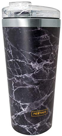 NERTHUS FIH 635 Tasse Double paroi 500 ML, Isotherme, sans Danger pour Les Aliments, Passe au Lave-Vaisselle, Verres à café de Voyage sans BPA, Acier Inoxydable, marbre Noir, 8,5 x 19 cm