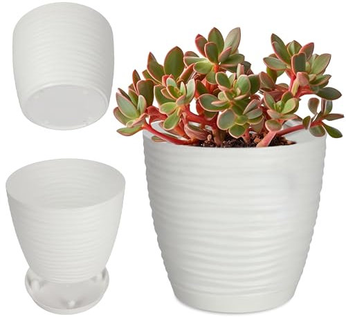 KADAX Vaso da fiori con sottovaso, fioriera per interni, leggero, in plastica, per fiori, piante, casa, stanza, vaso (13 cm, bianco)