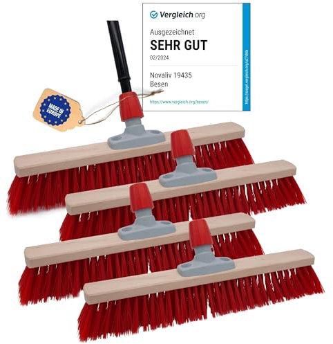 Novaliv 4 escobas de calle de 60 cm, con mango I Elaston rojo, mango telescópico, escoba para exteriores, batidor industrial, escoba de jardín, escoba multiusos