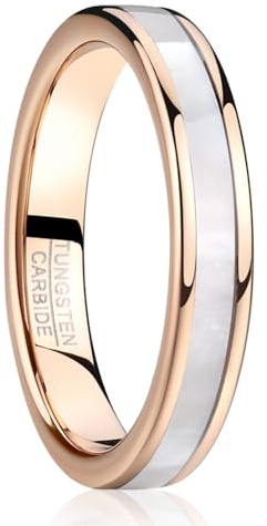 Vakki Ringe aus Roségold 4mm Wolfram Ring für Damen Weißer Perlmutt Ehering Frauenring für Hochzeit, Versprechen, Täglich, Größe 49(15.6) bis 62(19.7)