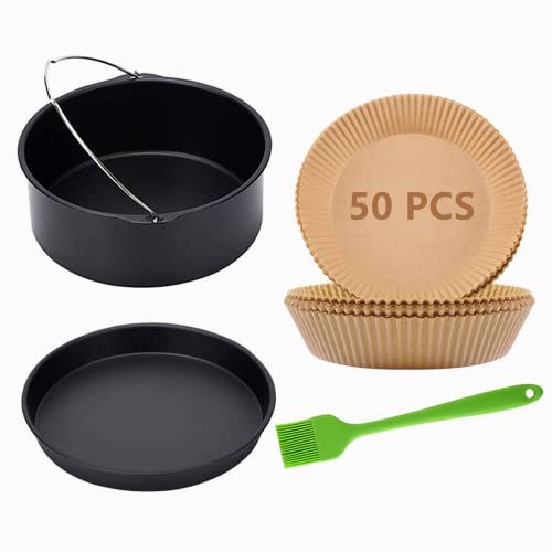Air Fryer Accessories, Includes 7 inch Cake Barrel, Pizza Pan and 50Pcs Non-stick Disposable Air Fryer Liners Baking Paper,