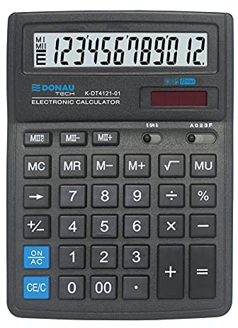 DONAU TECH Tischrechner 12-Stellig Wurzelfunktion/ 19,9 x 15,3 x 3,1cm/ Schwarz/Rechner mit 10-stelliger Anzeige/Dual-Power Solar - Batteriebetrieb/Kompaktes Design
