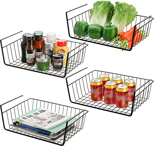 Tebery 4 Stück Unterregal Aufbewahrungskorb, Hängekorb, Unterregal Hängender Metall Drahtkorb Organizer für Küche, Speisekammer, Schreibtisch, Bücherregal, Schwarz