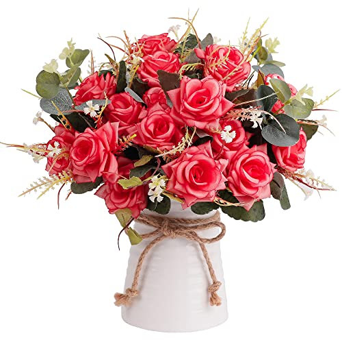 LESING Künstliche Rose mit Vase, künstliche Seidenblumensträuße in Vase, Tischdekoration, Arrangement für Küche, Wohnzimmer (Rot 1)