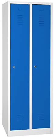 Schrank & Stuhl Spind – Metallspind mit 2 Abteilen, Schließfachschrank mit Hutboden, 30 cm Abteilbreite, Lieferung komplett montiert (Grau/Blau, mit Zylinderschlössern)