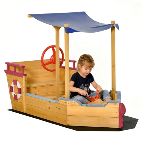 Outsunny Wooden Kids Sandbox with Canopy, Ship-Shape Outdoor Sandboat with Bench Seats, Storage, Non-Woven Fabric Cloth for Backyard, Lawn, Orange