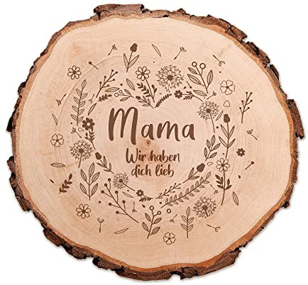Baumscheibe mit Gravur, Deko Holzscheiben Geschenk für Mama, Runde Baumstamm Scheibe mit Blumenherz Motiv, Gravierte Holzplatte als Muttertagsgeschenk, Natur Tischdeko, Geburtstagsgeschenk für Frauen