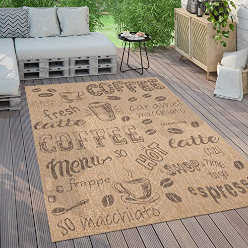 Paco Home Outdoor Teppich Wetterfest Wohnzimmer Balkon Küchenteppich Modernes Muster Mit Schriftzug, Grösse:80x150 cm, Farbe:Beige 3