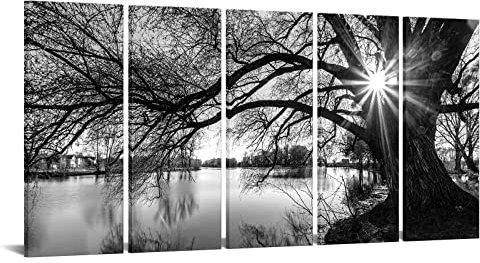 sechars Extra große 5-teilige Wandkunst Alter Baum am See Bild Leinwand Drucke Schwarz und Weiß Sonnenaufgang Landschaft Malerei Kunst Moderne Home Wohnzimmer Dekoration Gerahmt fertig zum Aufhängen