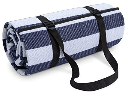 Paco Home Picknickdecke Campingdecke XXL Strand Picknickdecke Wasserdicht Mit Tragegriff Leicht Kompakt Tragbar Isoliert, Farbe:Blau-Weiß 1, Größe:150x200cm
