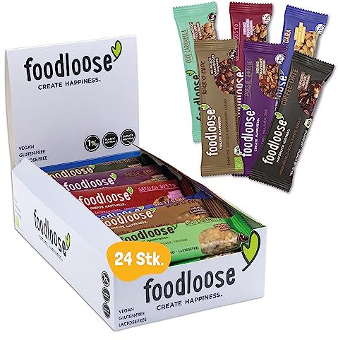 foodloose Bio-Nussriegel Probierpaket | Vegane, laktose- und glutenfreie Bio-Riegel ohne raffinierten Zucker | Großpackung mit 6 verschiedenen Sorten (24 Riegel x 35g)