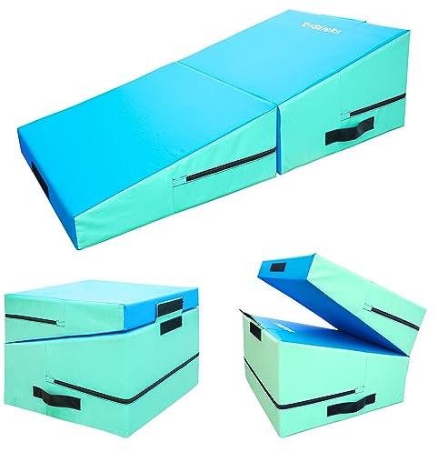 KIASTER Folding Incline Gymnastics Mat Kids Cheese Wedge Skill Shape Tumbling Mats with Carry Handle, Gym Yoga Mat for Boys Girls Home Training Aerobics Fitness Exercise (Green+Blue)