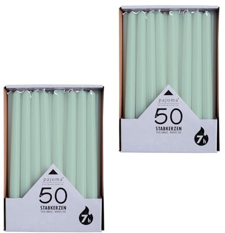 pajoma® Stabkerzen Jadegrün - 2x 50 Stück | Höhe 25 cm, Brenndauer ca. 7 Stunden | Duftfrei, vielseitig einsetzbar für Kerzenhalter, Deko & festliche Anlässe