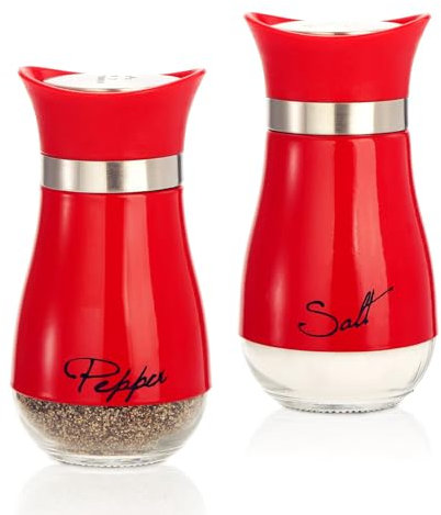 2 Stück Salz- und Pfefferstreuer Set mit Halter aus Glas und Edelstahl Salzstreuer Pfefferstreuer Gewürzstreuer Camping Zuckerstreuer Küchenzubehör (Rot)