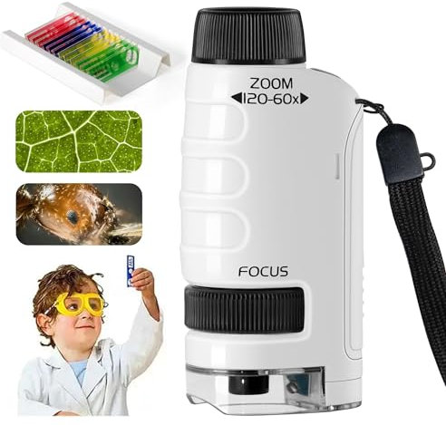 PKKP Taschenmikroskop für Kinder, 60x-120x Tragbares Handmikroskop mit LED, Miniskop mit 12 Mikroskop-Objektträgern, Mikroskop für Kinder, Mini Mikroskop für Haus Schule Labor (Weiß)
