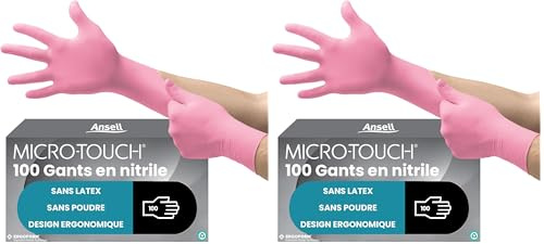 Ansell Micro-Touch Nitrafree Gants Jetables Sans Latex, Gants Nitrile Non Poudrés, Gants Medical et Examen, Protection Chimique et Mécanique, Gants Roses Taille M (100 Gants) (Lot de 2)