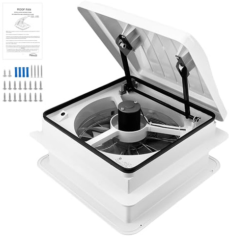 Pafessa 14” RV Roof Vent Fan w/LED Light - 4 Speed Reversible 12V Deluxe RV Electric Open Roof Vent, Touch On-Off, Speed Controls, Manual White Dome