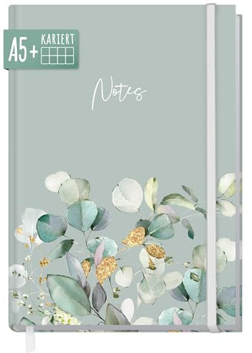 paper&you® Notizbuch A5+ kariert mit Gummiband Minty Leaves 156 Seiten, 78 Blatt, als Journal, Tagebuch, Notizheft - nachhaltig & klimafreundlich