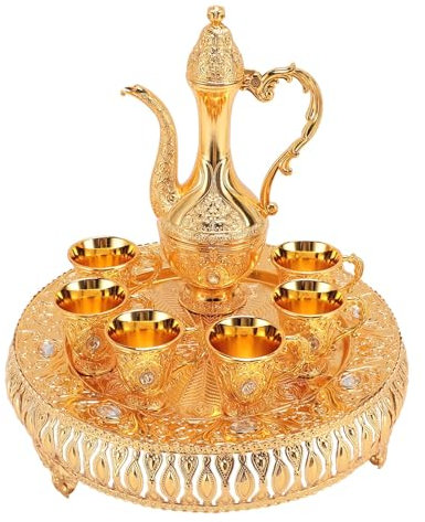 Wnvivi Set di Pentole per Vino Turco Vintage, Kit Vassoio per Caffettiera retrò, Teiera Decorativa in Lega di Zinco, Set di Servizi da tè per Matrimoni, Compleanni, Feste a Casa, Cene(Oro)