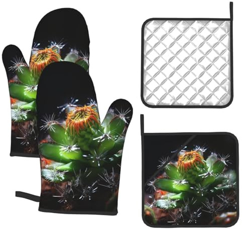 Small Cactus Print Oven Mitts and Pot Holders Set 4 Pcs Heat Resistant Kitchen Oven Gloves Potholders Extra Thicken Long Kitchen Gloves and Hot Pads for Cooking Baking Grilling
