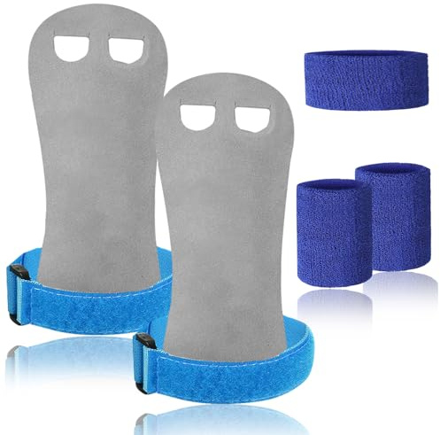 FINGER TEN Griffpads Kinder Leder Cross Training Sporthandschuhe Gymnastik Pull Up Grips Hand Mädchen Junge Trainingshandschuhe mit Handgelenk Bandagen Stirnband (Blau, XS)