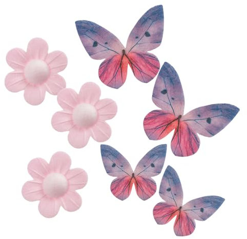 dekora - Blister di Decorazioni in Cialda Commestibile con Fiori Rosa e Farfalle lilla - 9 Pezzi per Cupcake e Torte in Occasione di Feste e Celebrazioni