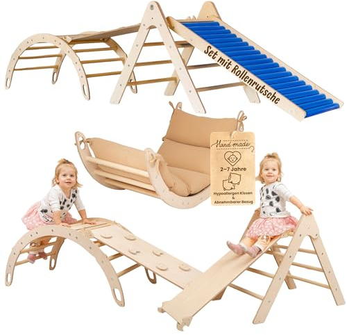 WoodsCraft 4in1 Set: Rollenrutsche, Kletterdreieck, Kletterbogen & Rampe | mit hypoallergen Kissen für Kletterbogen, holz Montessori Klettergerüst indoor, Babyrutsche, Klettern Baby & Kinder