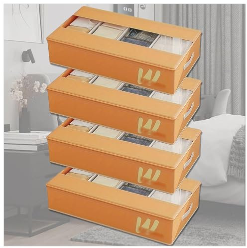Unterbettkommoden Faltbar mit 5 Verstellbaren Trennwänden , Unterbett Aufbewahrung mit transparenter Deckel , Aufbewahrungsbox Unter Bett für Schuhe,Kleidung,Stiefel,Spielzeug,Taschen ,Orange-4Pcs