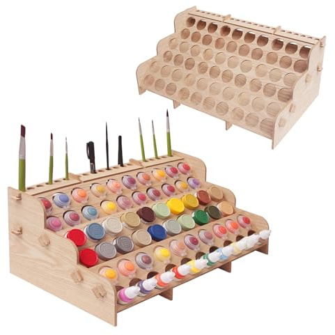 ARFETIGO Large Wooden Paint Storage Rack, 6-Tier Organizer with 60-Bottle Capacity for Acrylic & Oil Paints, Brush Holder for Model, Craft & Hobby Artists (Horizontal)