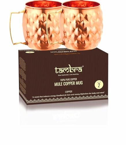 Tambra Moscow Mule Mugs - Set of 2-100% Pure Copper Mugs Large 16 oz - Food Safe - Solid Copper Cups Perfect Premium Gift (HAMMERED)