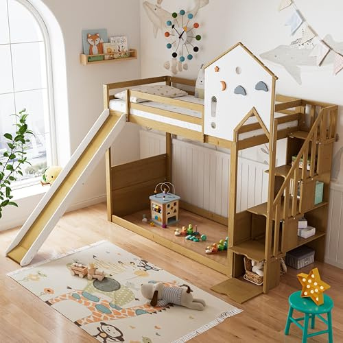 Lit Superposé 90x200cm, Mezzanine 2 Places avec Escalier, Cabane Enfant avec Barrière et Toboggan, Blanc+Naturel