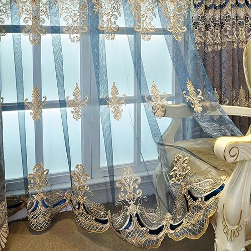 KEKUYA Sheer Voile Vorhang -Gardinen Wohnzimmer Modern mit Ösen Transparente für Schlafzimmer Kinderzimmer Sonnenlichtfilterung 2er Set 132 x 240 cm(BxH) Blaue Stickerei