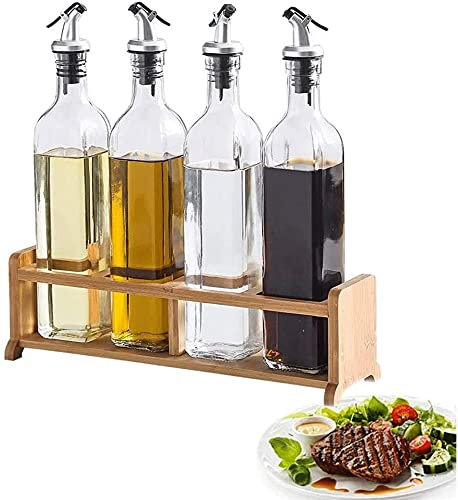 Glass Olive Oil and Vinegar Dispenser Set with Wood Holder 500ml Capacity Leakproof Pourer Spout Sauce Cruet and Soy Sauce Storage Can Kitchen Oil Bottle Drizzler