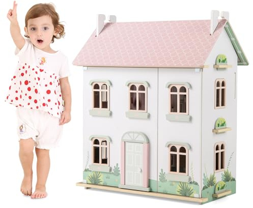 GYMAX Casa delle Bambole in Legno, Casa Giocattolo a 3 Livelli con Mobili e Accessori, con Tetti a 2 Lati, Porta Apribile, Scale in Legno Massiccio, Bambini 3 + anni