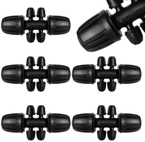 VooGenzek 5 Pezzi Connettori a T con Spinato Irrigazione a Goccia, Connettore Tubo a 6-Vie da Giardino per Tubo 15/20 mm a 4/7 mm, Adattatore per Irrigazione a Goccia, per Prato