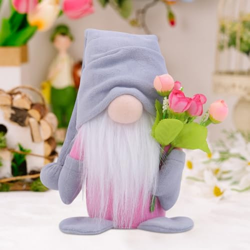 DZAY Frühlingswichtel Wichtel mit Tulpen Blumensträuße,Muttertag Frühlingsdeko Zwerg Figuren Deko Frühling Wohnzimmer,Frühlingsdeko Innen Gesichtslose Puppe für Freundin Mama Hochzeitstag (Grau)