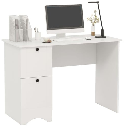 LIFEZEAL Schreibtisch mit 2 Schubladen, Platzsparender Computertisch, Moderner Lernschreibtisch für Arbeit, Studium, Gaming, 109 x 50 x 75 cm (Weiß)