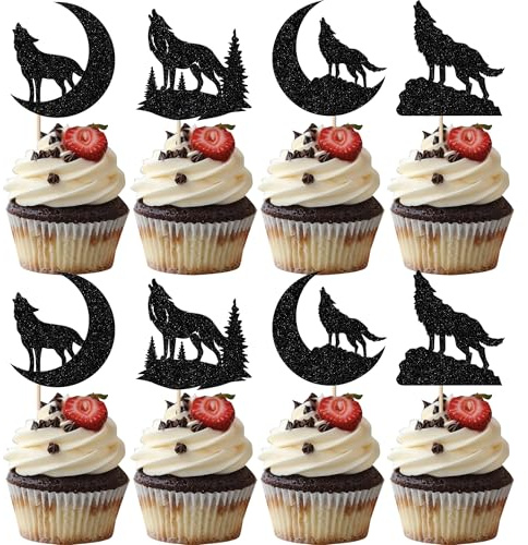 SYKYCTCY 24 Pack Wolf Cupcake Toppers Glitter Timberwolf Howl Full Moon Cupcake Picks Decoration for Jungle Wild Animal Wolf Theme Baby Shower Boys Girls Birthday Party Cake Decorations Supplies