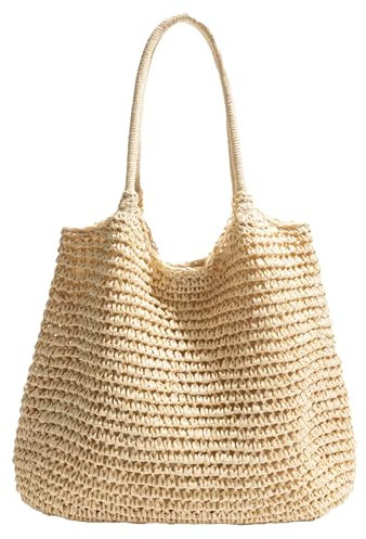 Micmores Strandtasche Strohtasche Damen – Elegante Handtasche Damen Boho Umhängetasche Tote Bag groß Shopper Tasche Geflochtene Taschen Korbtasche für Urlaub Reisen Strand Sommer (Beige)