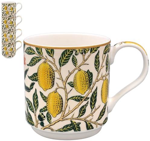 The Leonardo Collection Juego de 4 tazas apilables de frutas William Morris, tazas de té y café para bebidas calientes | Tazas impresas de porcelana fina para cocina y hogar | Tazas de cerámica