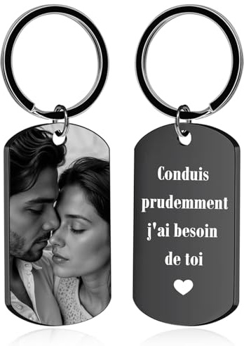 Porte Clef Personnalisable avec Photo et Texte Double Face Porte Clé Personnalisé Idée Cadeau pour Homme Femme Couple ou Famille
