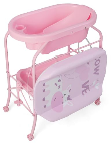 GOPLUS Baignoire Bébé Pliable 4 en 1 avec Panier de Rangement (Rose) | Baignoire Bebe sur Pied avec Roues Verrouillables, Charge 35 KG, Table a Langer avec Baignoire pour 0-12 Mois