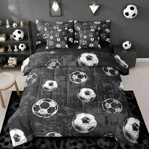 Feelyou Boys 3D Soccer Comforter Set with Sheets Queen Size 7 Pieces Kids Football Bedding Set for Girls Teens Sports Ball Gaming Bed in a Bag Room Decor