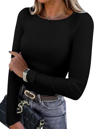 WIHOLL Long Sleeve Tops Women Light Fleece Crewneck Slim Fitted Thermal Undershirts Casual Basic Tee T Shirts for Women UK Black S