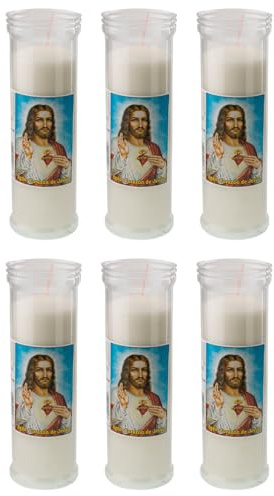 Tradineur Lot de 6 bougies liturgiques à l'image de Jésus, bougies de saint en paraffine et cire végétale, décoration d'églises, cimetières, tombes (Blanc - 18,5 cm)