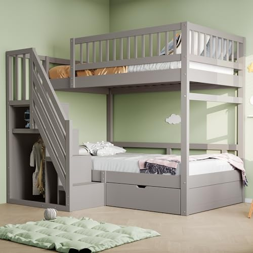 Dolamaní Etagenbett 90x200 cm 2 Personen Mit Lattenrost, Jugendbett Hochbett Mit Hohem Sicherheitsgitter, Sicherheits Treppe mit Stauraum, 1 Schubladen (Grau)