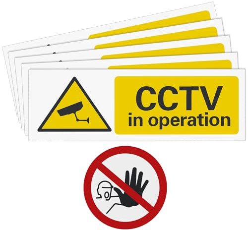 HHXUUAN CCTV In Operation Sign Kit, 5 CCTV & 1 No Entry Warning Stickers | Self adhesive landscape stickers, 30cm×10cm & 10cm circular, indoor outdoor security warning signage