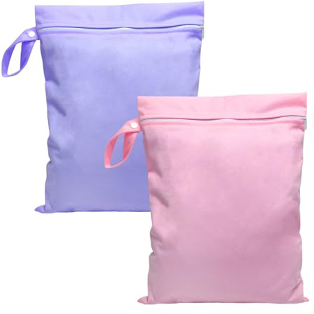 XRVRILE 2 Stück Nassbeutel Schwimmen, 40 x 30 cm Wetbag Klein mit Reißverschluss, Wiederverwendbare wasserdichte Beutel, Reise Wäschesack Windelbeutel Schwimmbeutel Nasstasche, Rosa Lila